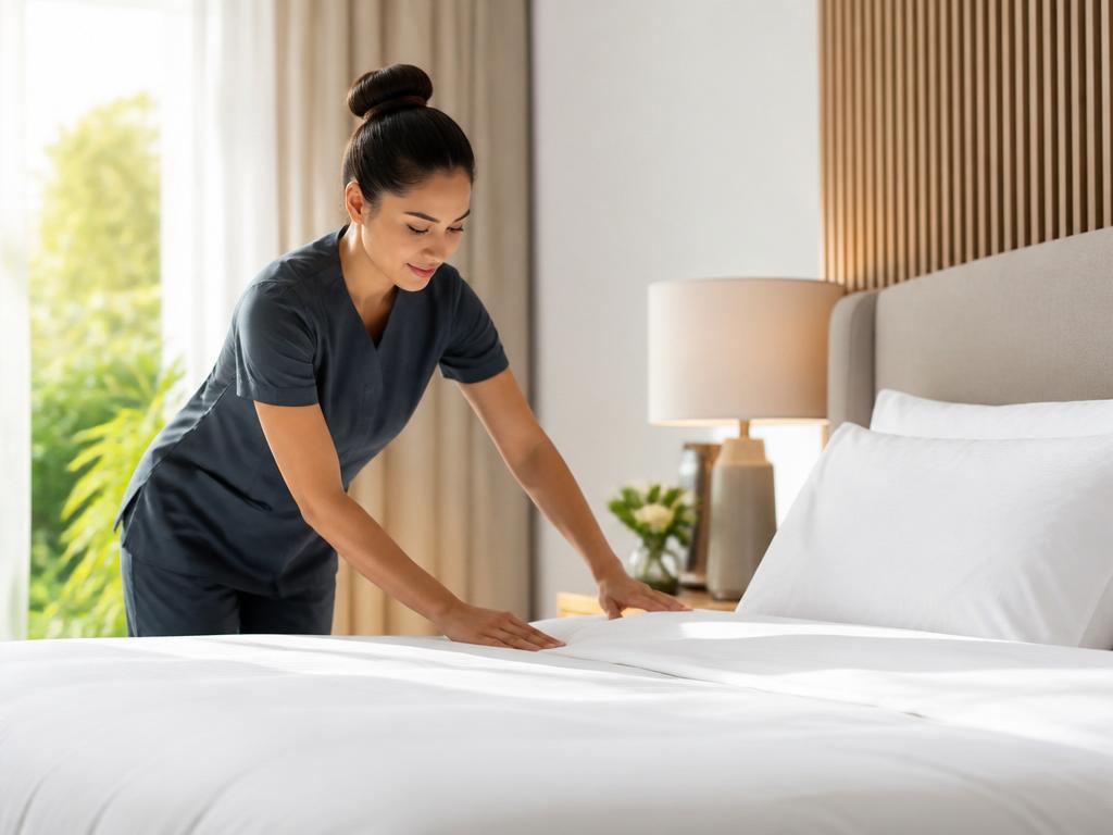 A member of the Dionicia's Cleaning Services team making a bed