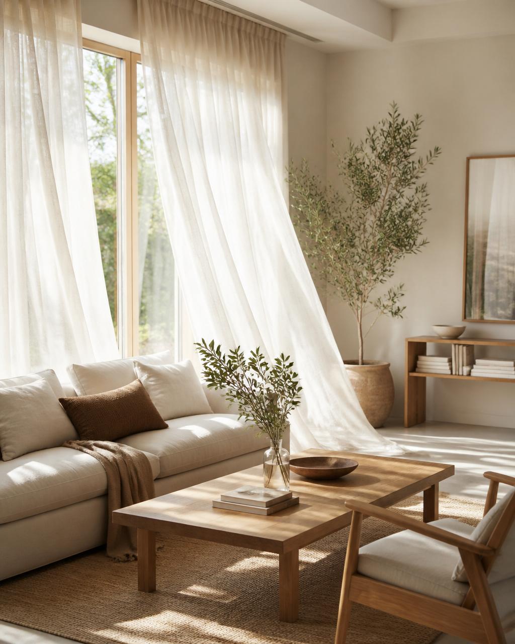 A sun-drenched, airy living room with linen curtains and a soft green plant